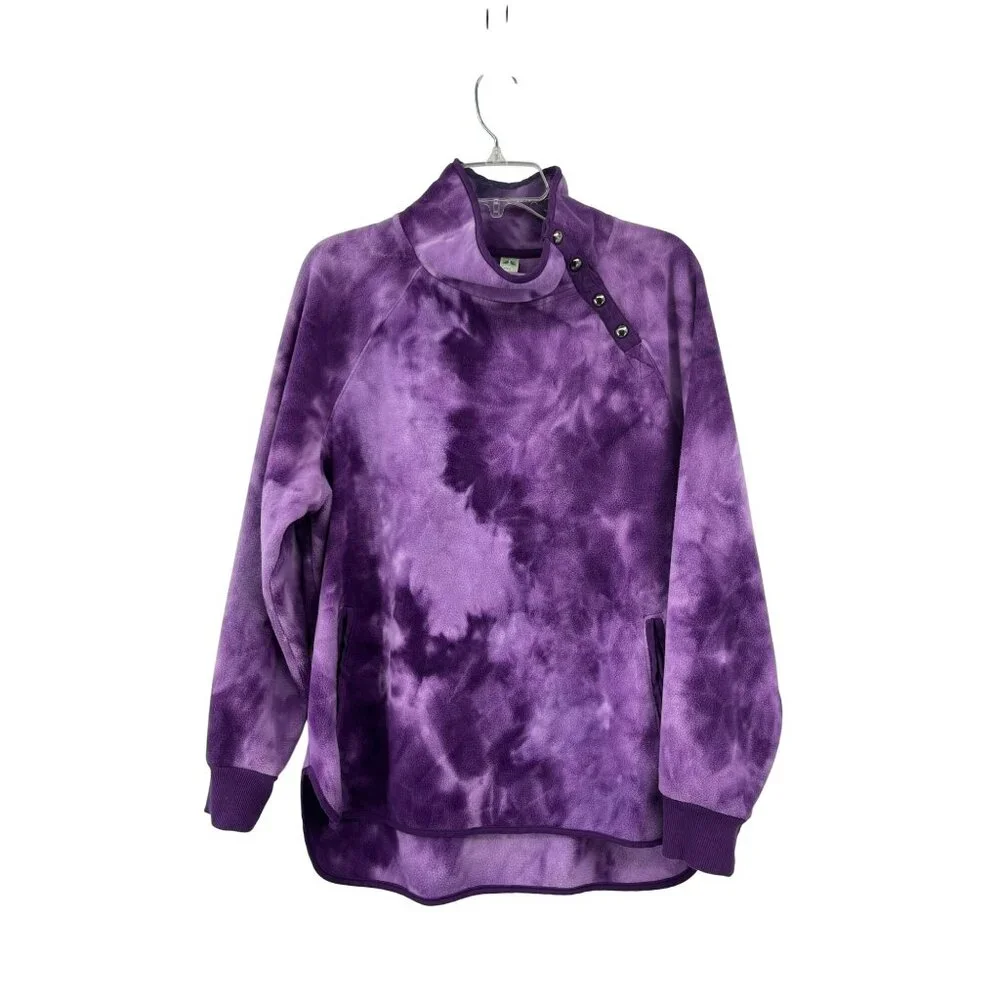 Green Tea Fleece Pullover Womens XL Purple Tie Dye Snap Neck Pockets Used - Picture 1 of 13